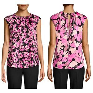 Kate Spade Wallflower Tie Neck Blouse Top Shell Pink Black Floral Printed S